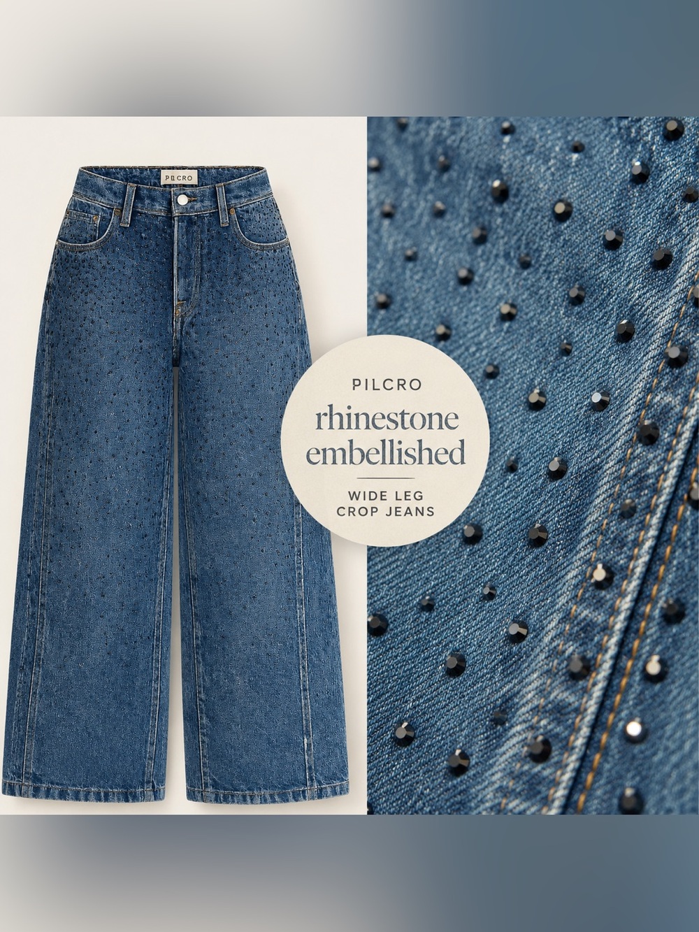 Pilcro Embellished Rhinestone Wide Leg Crop Jeans Blue Denim